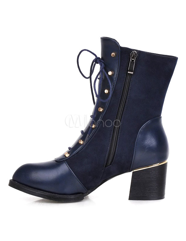 Red Suede Boots Women's Chunky Heel Round Toe Lace Up Spike Short Boots ...