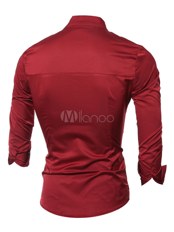 Long Sleeve Shirt Red Asymmetrical Design Slim Fit Cotton Shirt Casual For Men