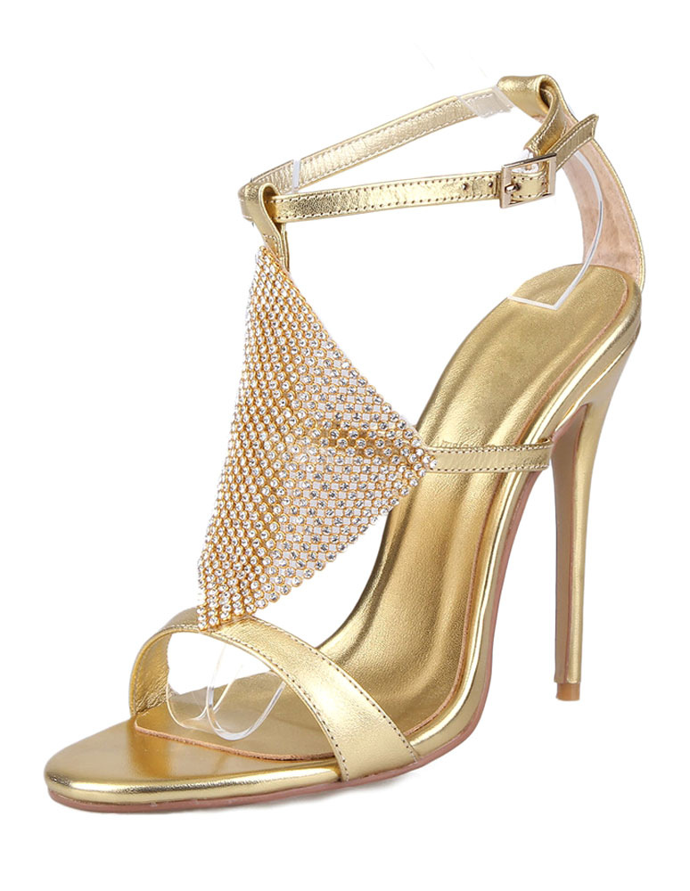 Gold Wedding Shoes Sexy High Heel Sandals Rhinestone Ankle Strap Bridal ...