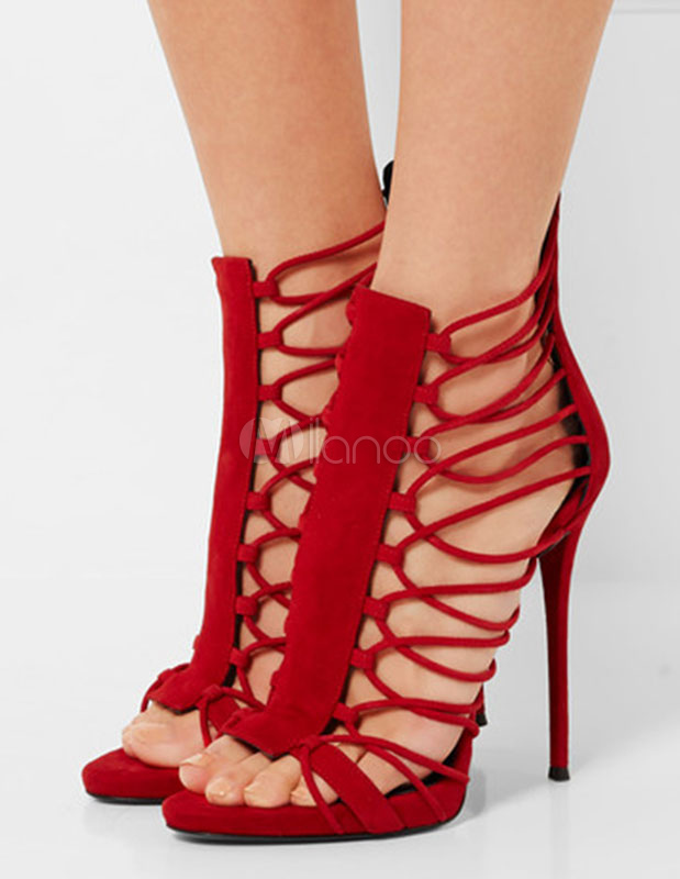Bridal Gladiator Sandals High Heel Strappy Suede Red Cut Out Open Toe ...