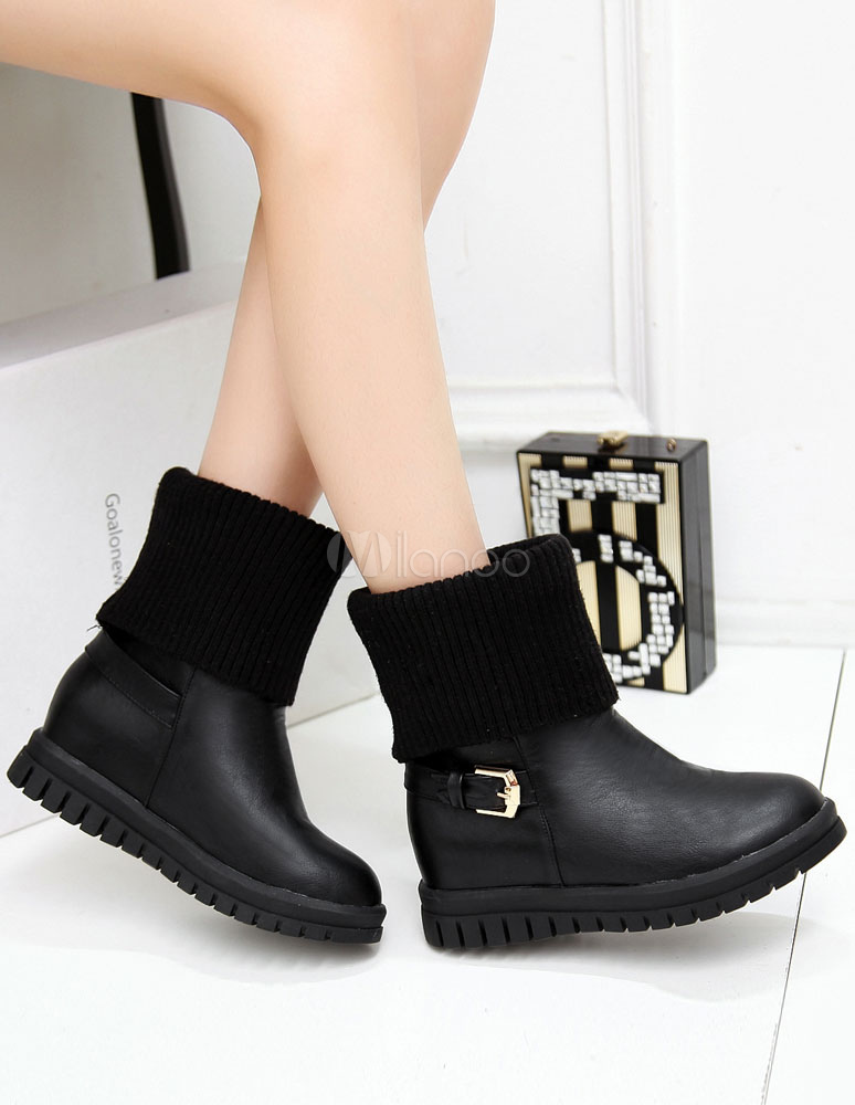 Black Platform Booties Women's Flat Round Toe Short Boots With Buckle