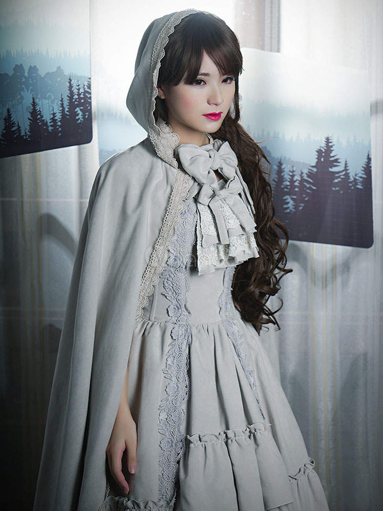 Lolitashow Gothic Lolita abrigo Vintage fantasma novia encaje ante arco con  capucha capa gris Lolita - Lolitashow.com