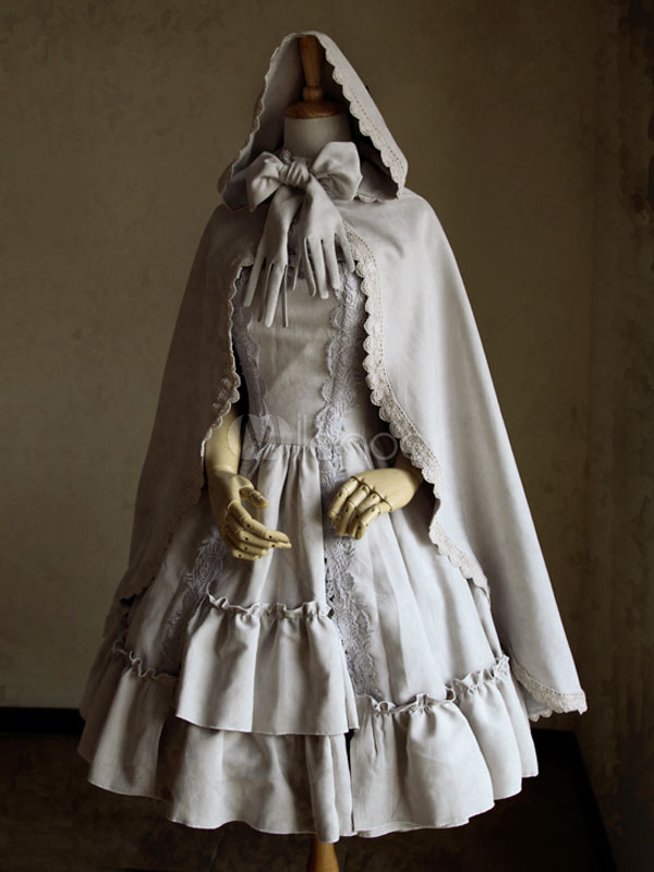 Gothic Lolita Coat Vintage Ghost Bride Lace Suede Bow Hooded Gray ...