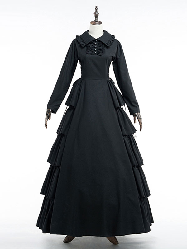 Black Retro Costume Victorian Vintage Dress Women's Cotton Long Sleeve ...