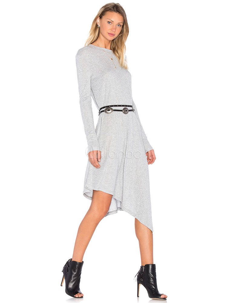 Long Sleeve Dress Chic Asymmetrical Cotton Ruffle Tshirt Dress For