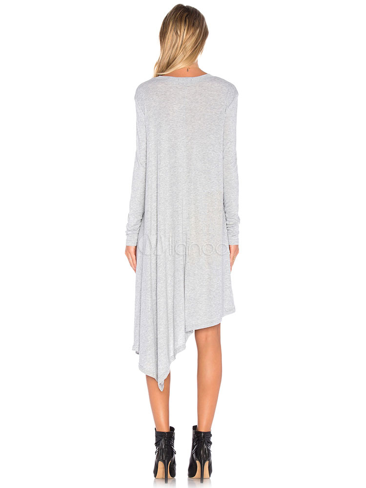 Long Sleeve Dress Chic Asymmetrical Cotton Ruffle Tshirt Dress For