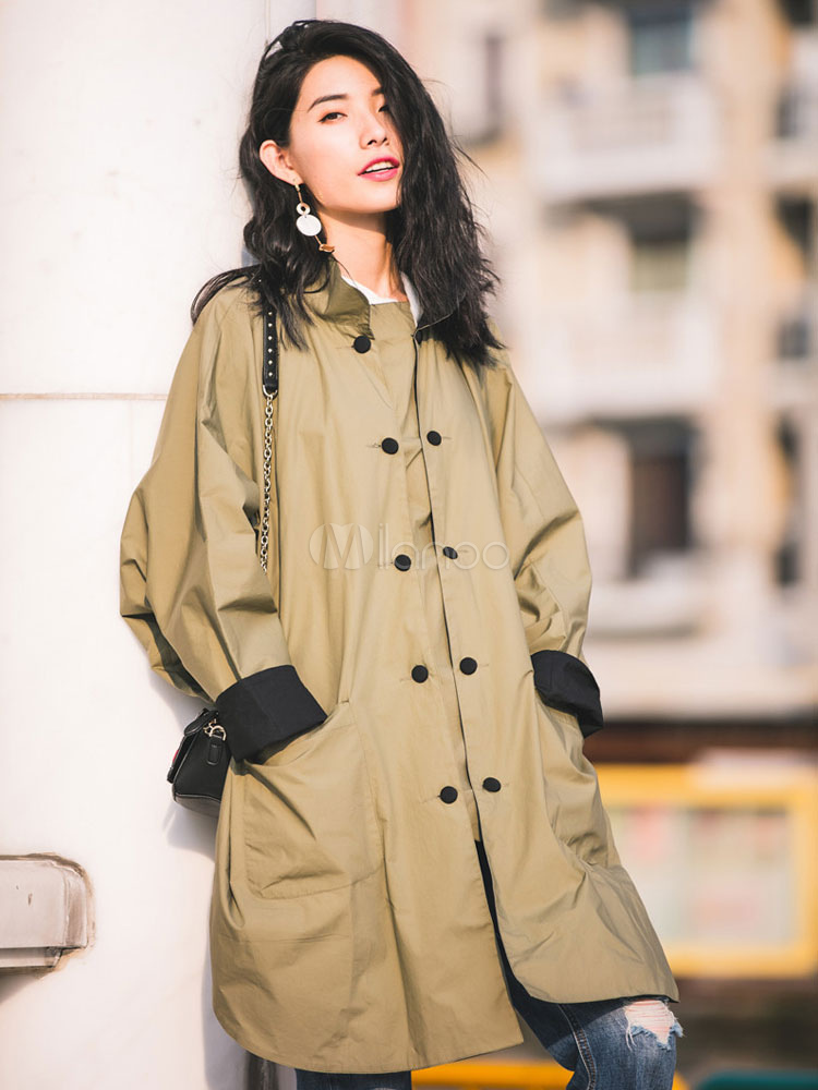 Women's Cocoon Coat Khaki Long Sleeve 