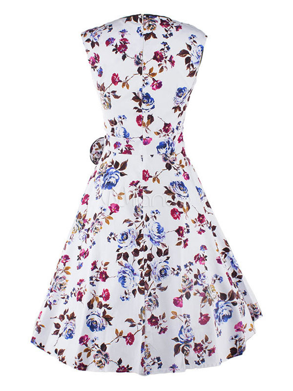 Robe Vintage blanche sans manches Sweetheart Floral Slim Fit robe évasée plissée