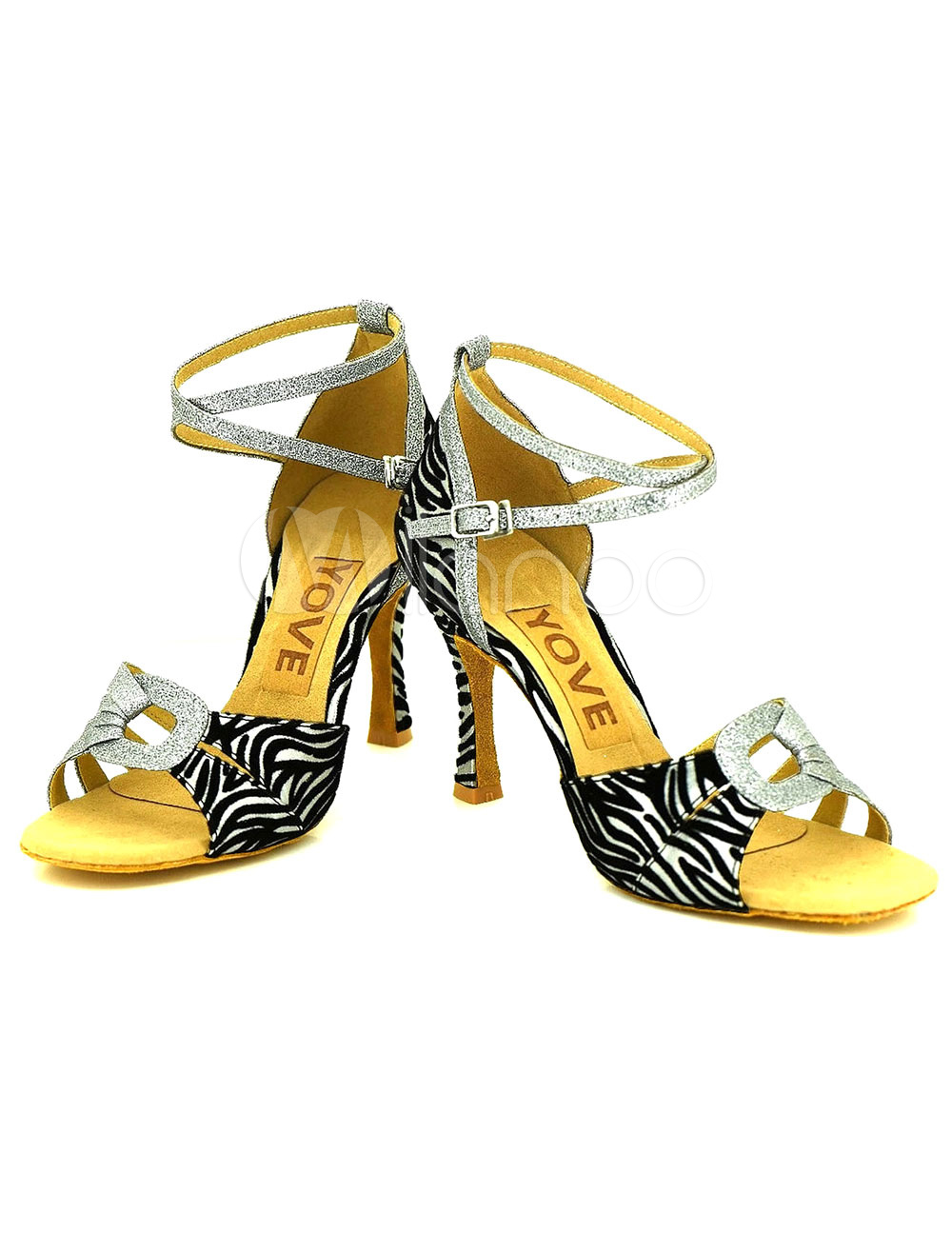 Silver Dance Shoes High Heel Women's Zebra Print Glitter Buckle Ballroom Shoes
