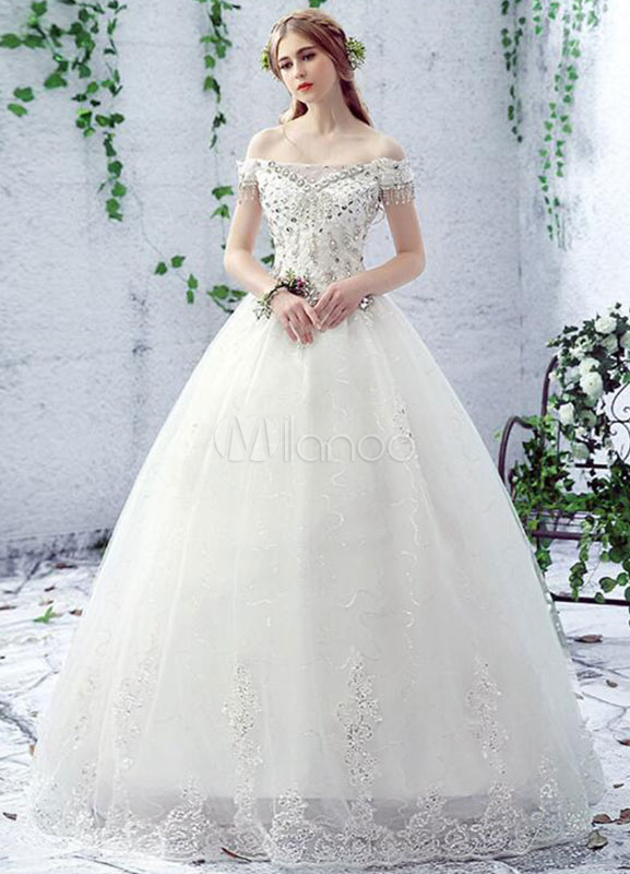 vestido de novia de marfil del hombro de diamantes de imitación