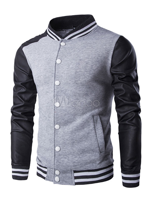Men Baseball Jacket Black Leather Sleeve Stand Collar Varsity Jacket ...