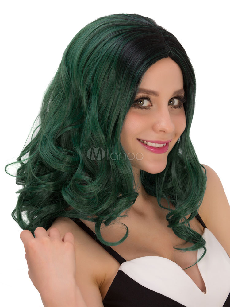Halloween Hair Wigs Carnival Long Wigs Women Curly Dark Green Layered Hair Wigs