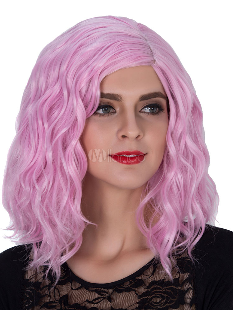 Halloween Hair Wigs Carnival Pink Wigs Women Wavy Shoulder Length Side ...