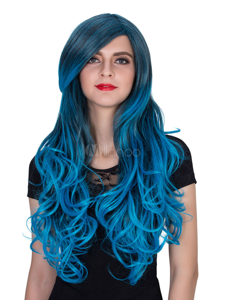 Carnival Long Wigs Women S Blue Curly Ombre Hair Wigs With Side