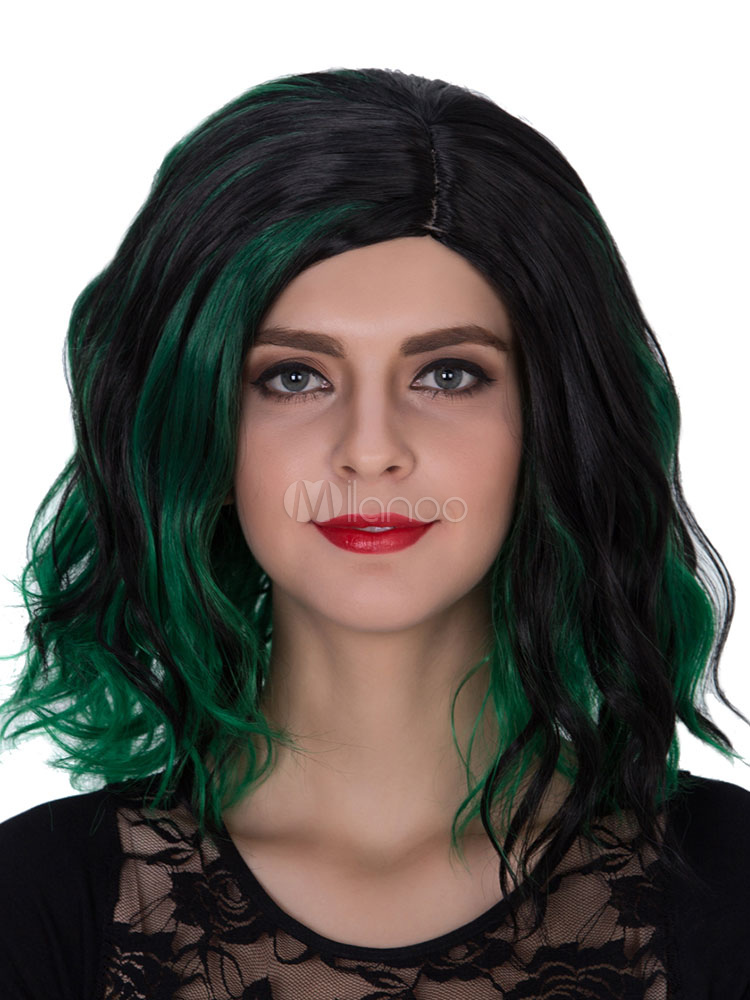 Halloween Hair Wigs Carnival Women Wigs Wavy Dark Green Ombre Shoulder  Length Synthetic Side Parting Hair Wigs 