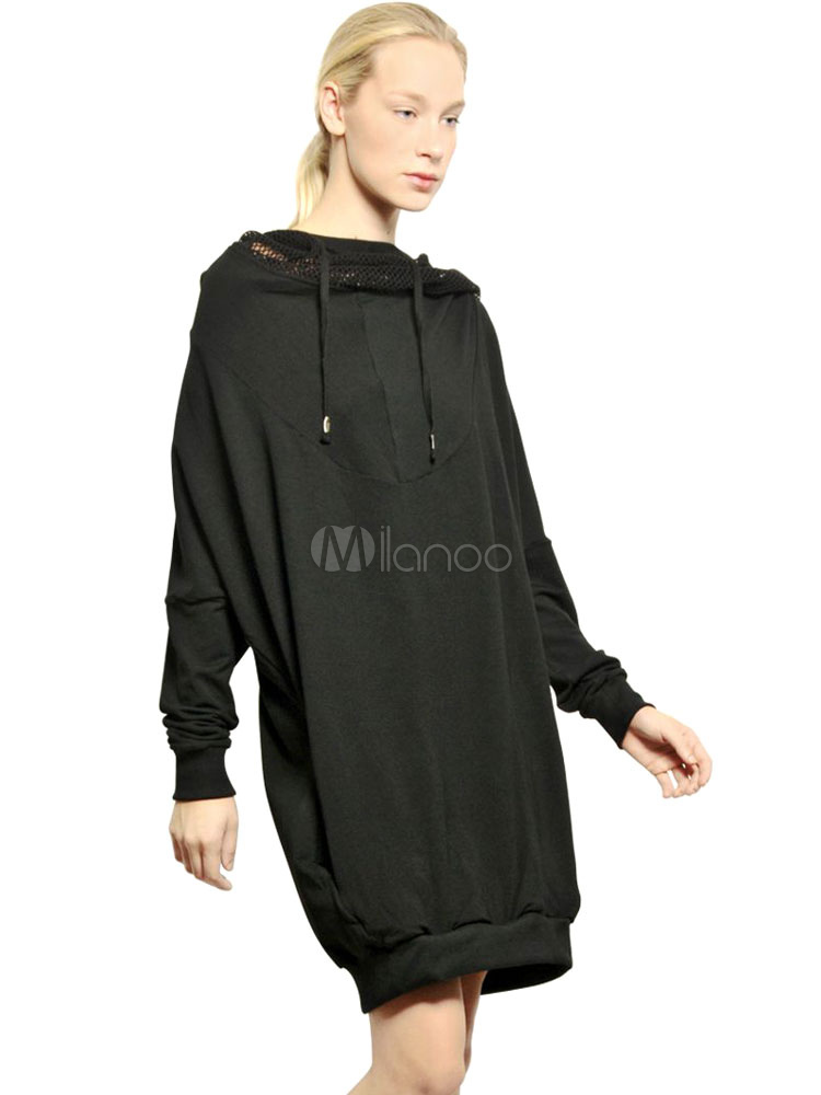 Schwarzes Kleid für Damen mit Kapuze Tunnelzug lange Ärmel Net Patchwork Casual Hoodie Kleid Schwarzes Kleid für Damen mit Kapuze Tunnelzug lange Ärmel Net Patchwork Casual Hoodie Kleid