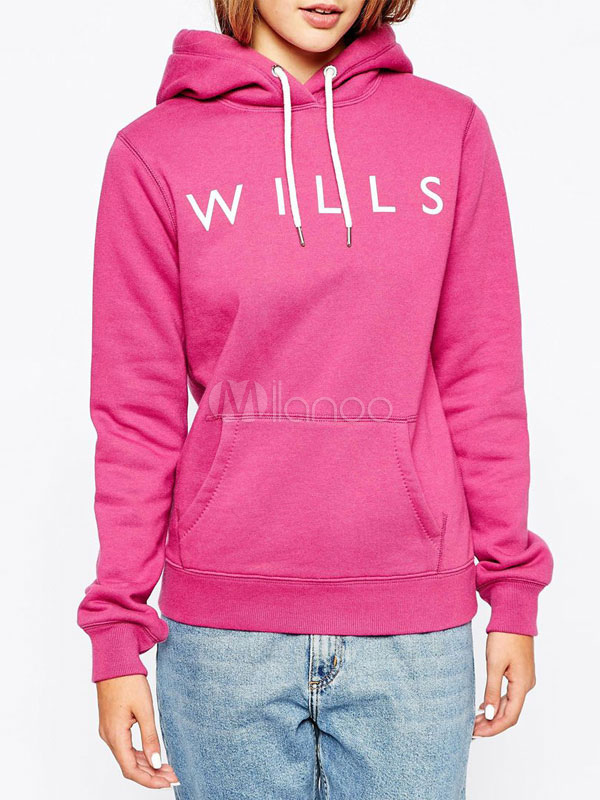 Pink Pullover Hoodie Women's Drawstring Letters Print Cotton Hoodie