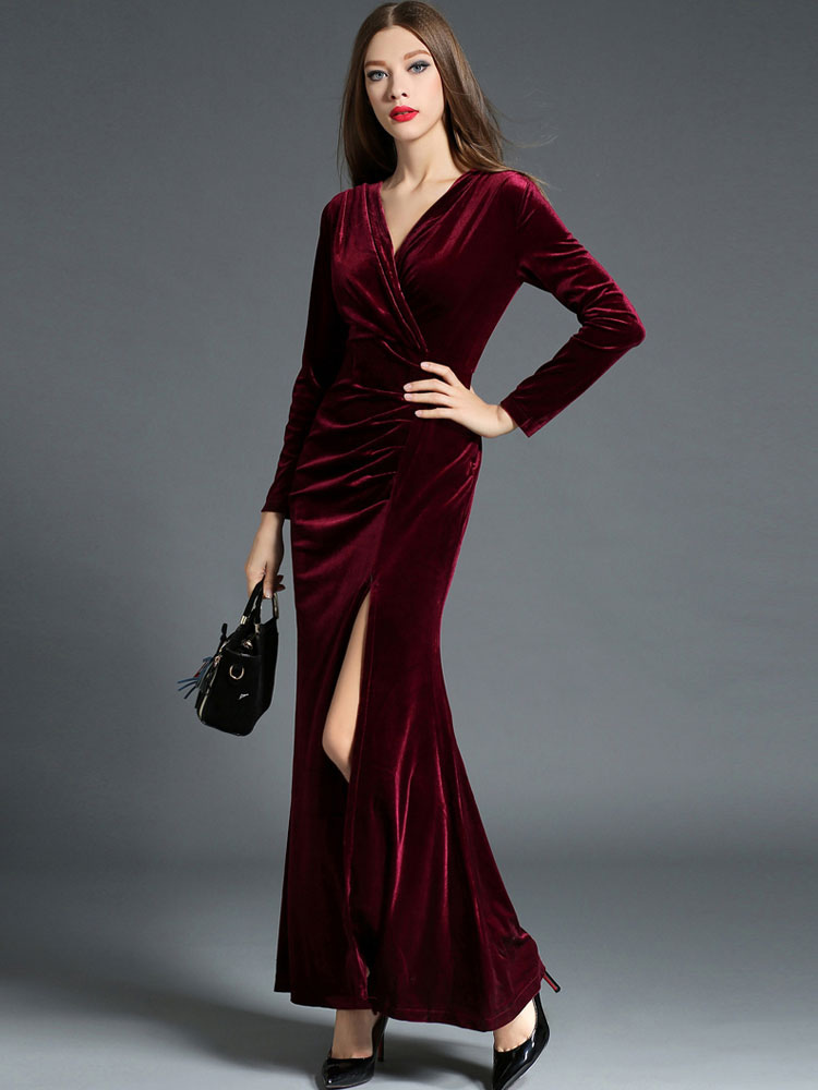 LUVCES Damen Maxi Kleid Mit V-Ausschnitt - Elegantes Langarm Kleid Für Hochzeiten