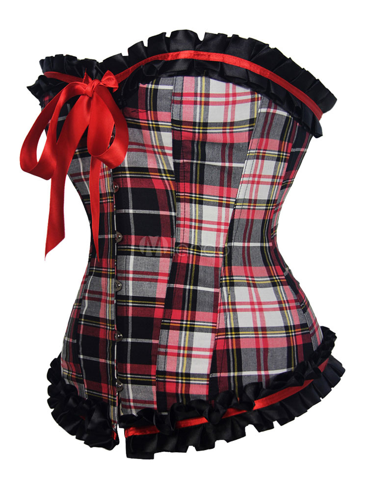 Women's Red Corset Front Buttons Lace Up Ruffles Plaided Pattern Bow