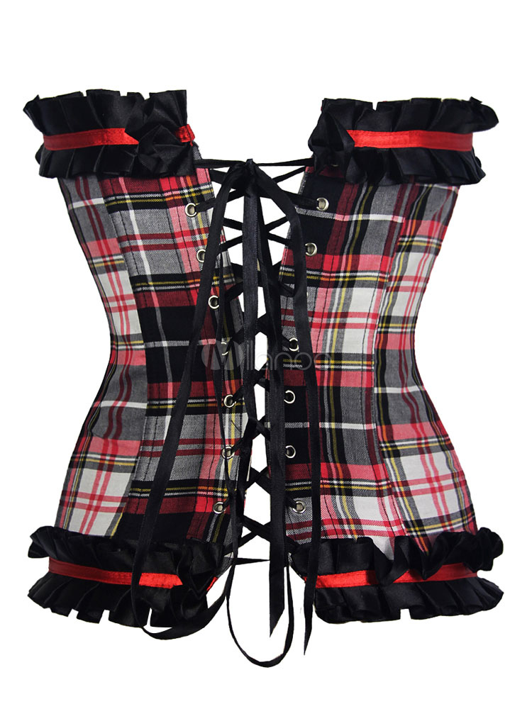 Women's Red Corset Front Buttons Lace Up Ruffles Plaided Pattern Bow