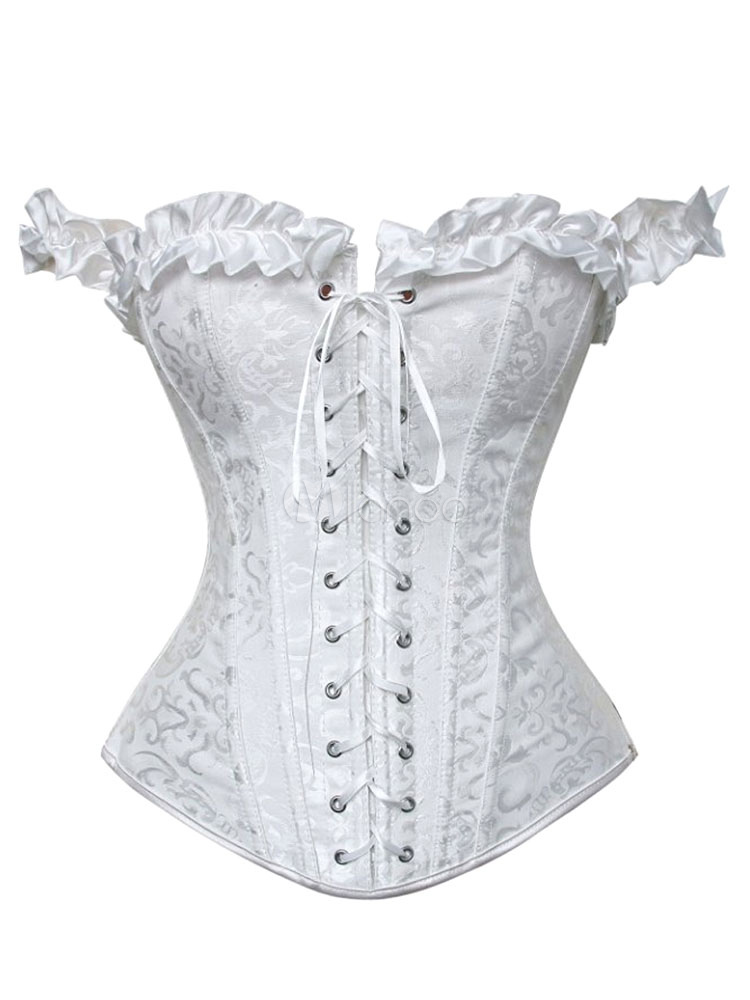 White Sexy Corsets Jacquard Ruffles Off The Shoulder Lace Up Corsets Top