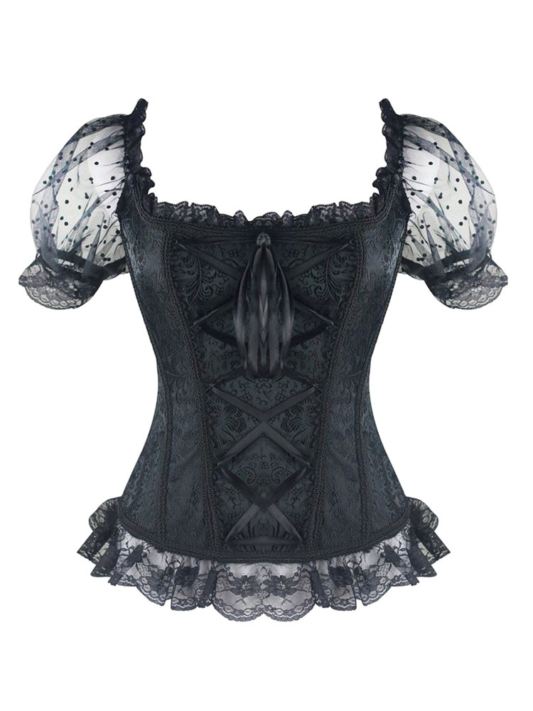 Black Lace Corsets Square Neck Short Sleeve Ruffles Printed Lace Up ...