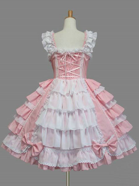 Sweet Lolita Dress JSK Rococo Pink Cotton Lace Bow Ruffled Layered ...