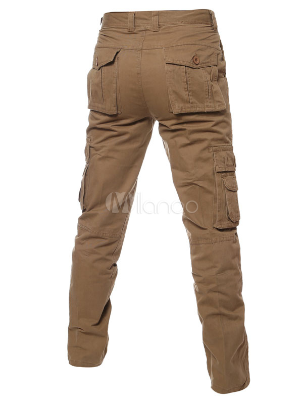 Men's Cargo Pants Light Brown Straight Long Cotton Pants - Milanoo.com