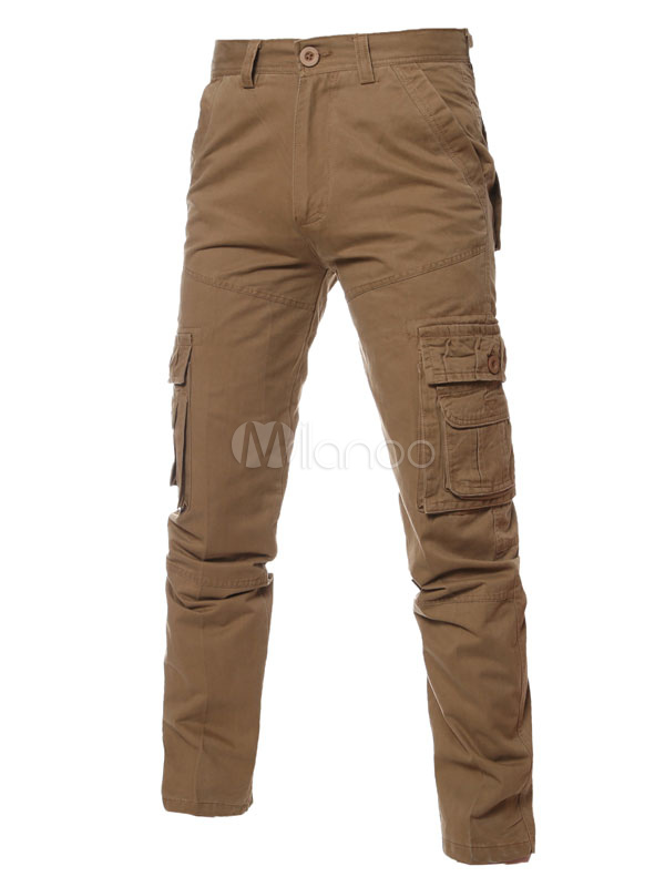 Mens Cargo Pants Light Brown Straight Long Cotton Pants