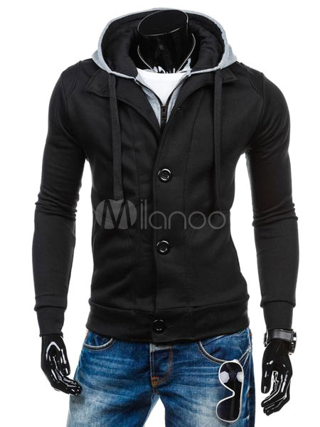 Black/grey Hoodie Men's Contrast Color Fake 2-piece Cotton Pullover ...