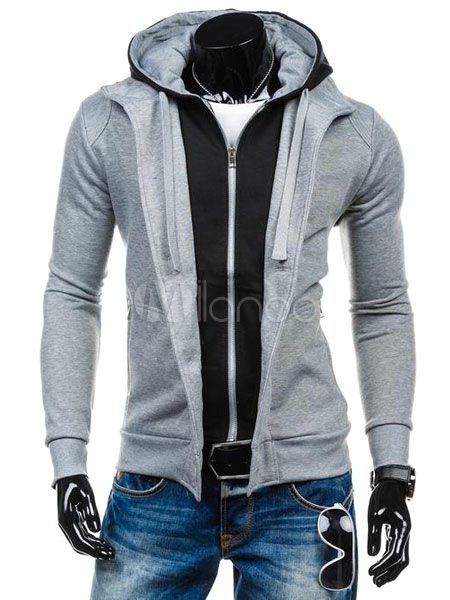 Black/grey Hoodie Men's Contrast Color Fake 2-piece Cotton Pullover ...