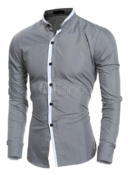 Men's Grey Shirt Long Sleeve Stand Collar Slim Fit Cotton Casual Shirt ...
