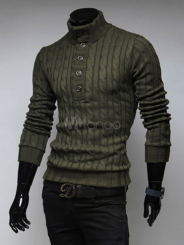 Black Pullover Sweater High Collar Half Buttons Cable Knitwear ...