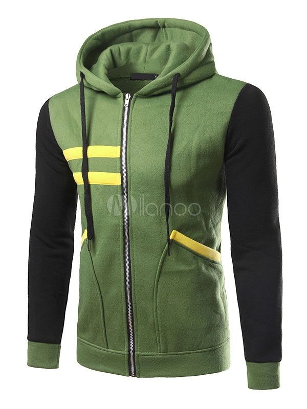 zip up contrast color drawstring hoodie