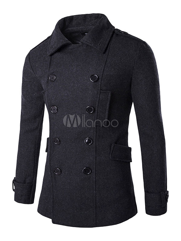 Grey Pea Coat Men's Turndown Collar Long Sleeve Double Breasted Cotton ...