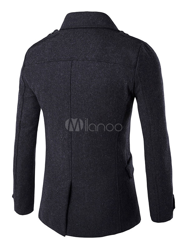Grey Pea Coat Men's Turndown Collar Long Sleeve Double Breasted Cotton ...