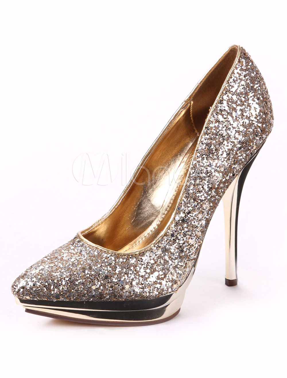 Gold High Heels Platform Glitter Sequin Pointed Slipon Pumps For Women