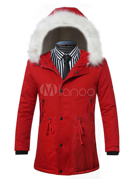Men's Black Parka Faux Fur Hooded Drawstring Waist Casual Winter Coat ...