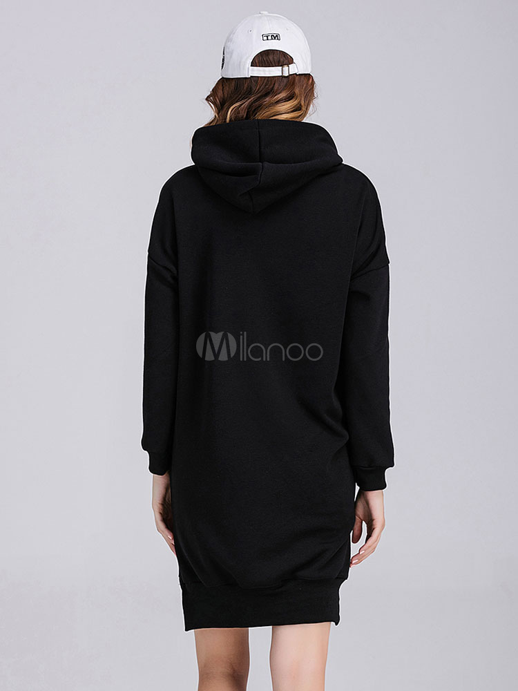 Schwarzes Kleid Langarm Frauen bedruckter Baumwolle Hoodie Kleid mit Kapuze Schwarzes Kleid Langarm Frauen bedruckter Baumwolle Hoodie Kleid mit Kapuze