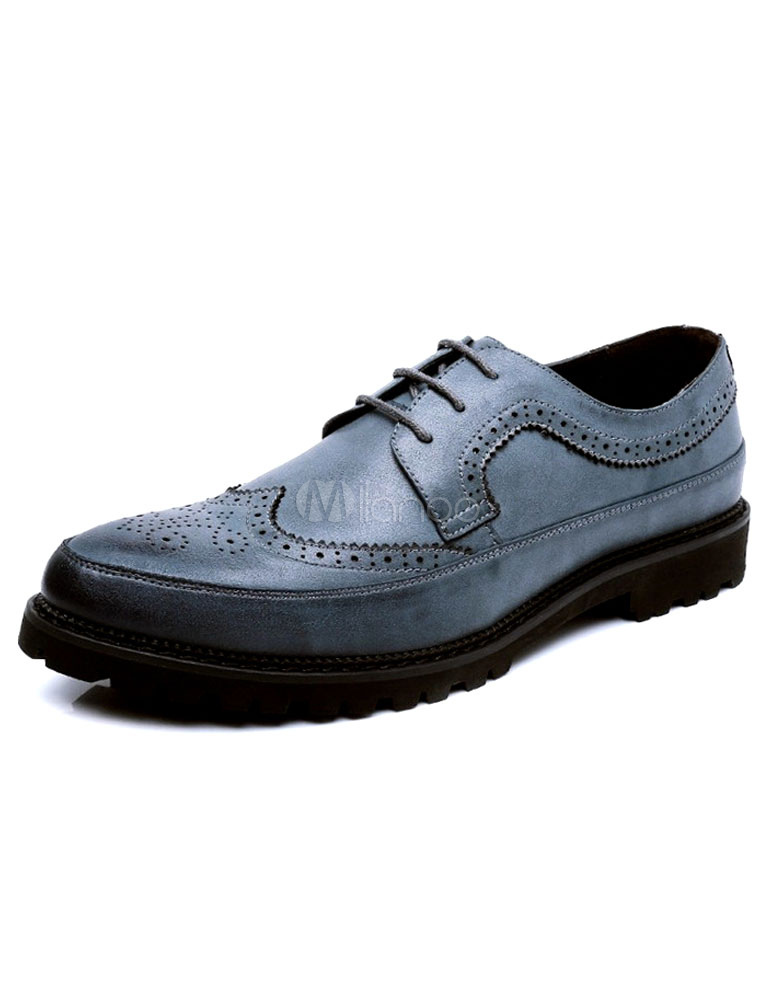 Men's Dress Shoes Flat Lace Up Wingtips Round Distressed Brogue Shoes ...