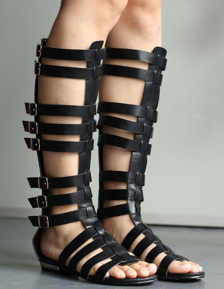 Black Mid Calf Gladiator Sandals Flat Sandals For Women - Milanoo.com