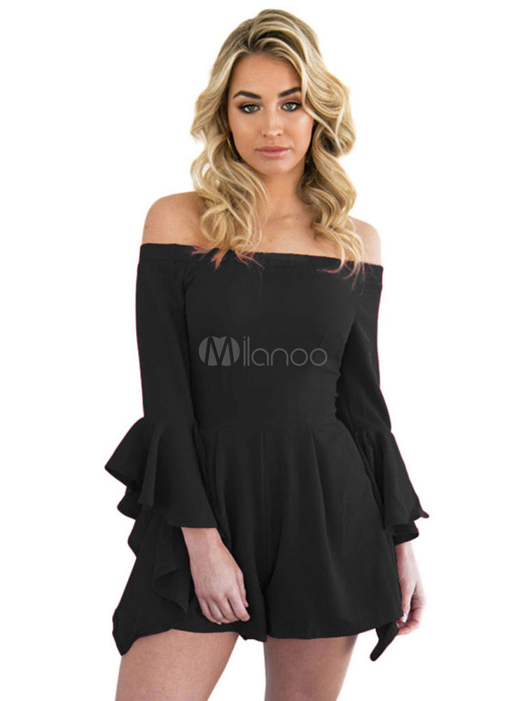 Sexy Black Jumpsuit Off The Shoulder Women's Flouncing Sleeve Backless ...