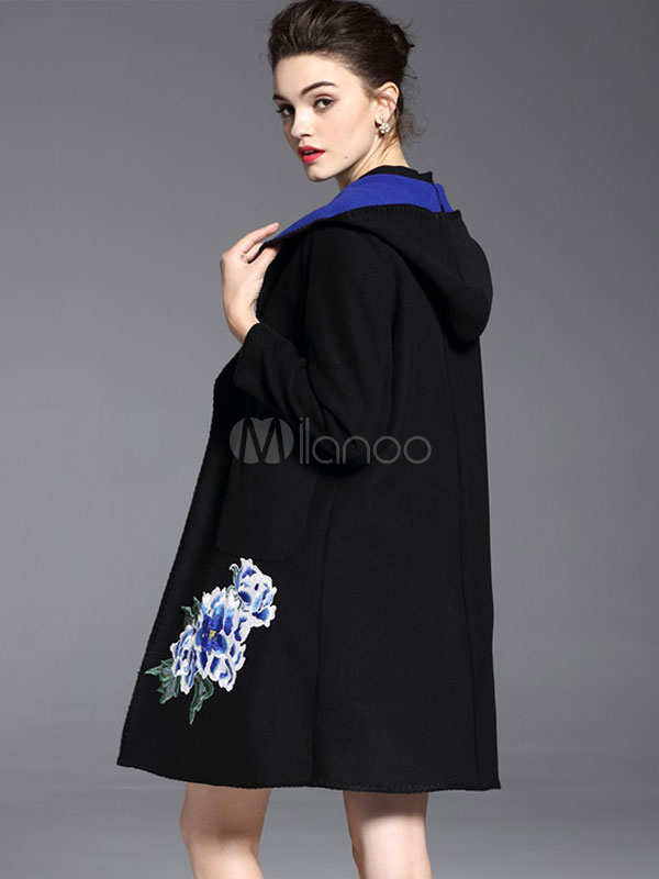 Hooded Wool Coat Women's Flower Embroidered Contrast Color Oversize