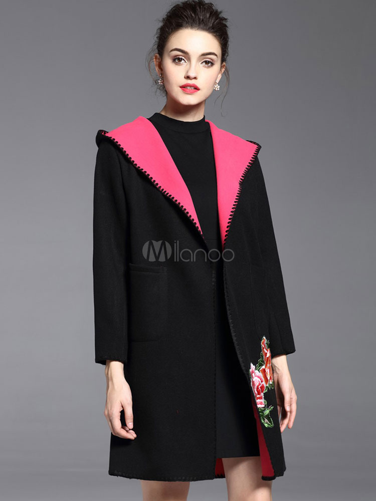 Hooded Wool Coat Women's Flower Embroidered Contrast Color Oversize