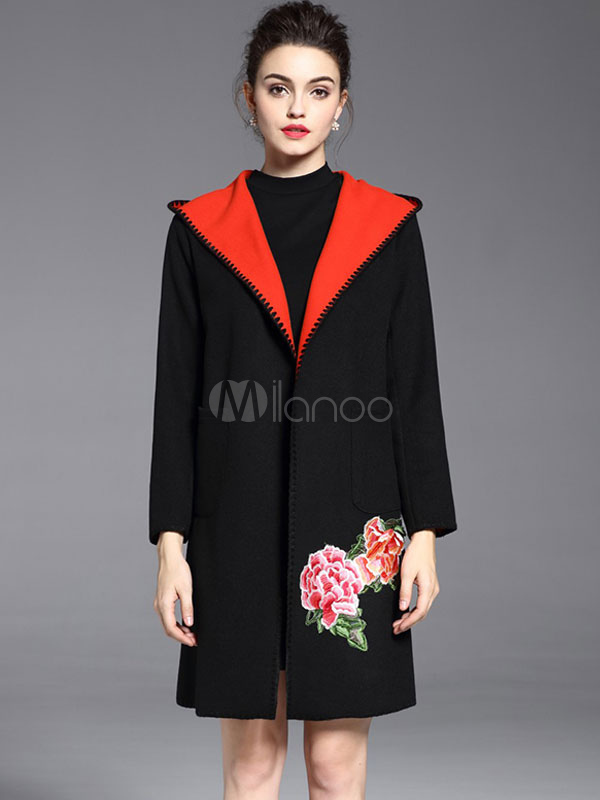 Hooded Wool Coat Women's Flower Embroidered Contrast Color Oversize ...