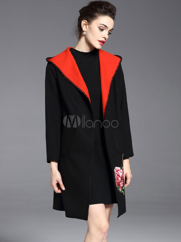 Hooded Wool Coat Women's Flower Embroidered Contrast Color Oversize