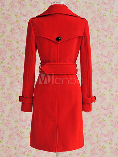 Women Red Peacoat Long Sleeve Double Breasted Button Belt Woolen Coat ...