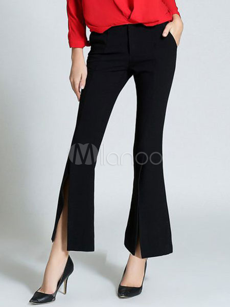 Women's Black Pants Zipper Fly Cotton Split Flare Pants - Milanoo.com