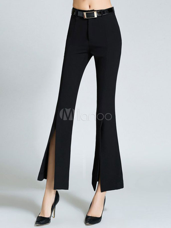 Women's Black Pants Zipper Fly Cotton Split Flare Pants - Milanoo.com