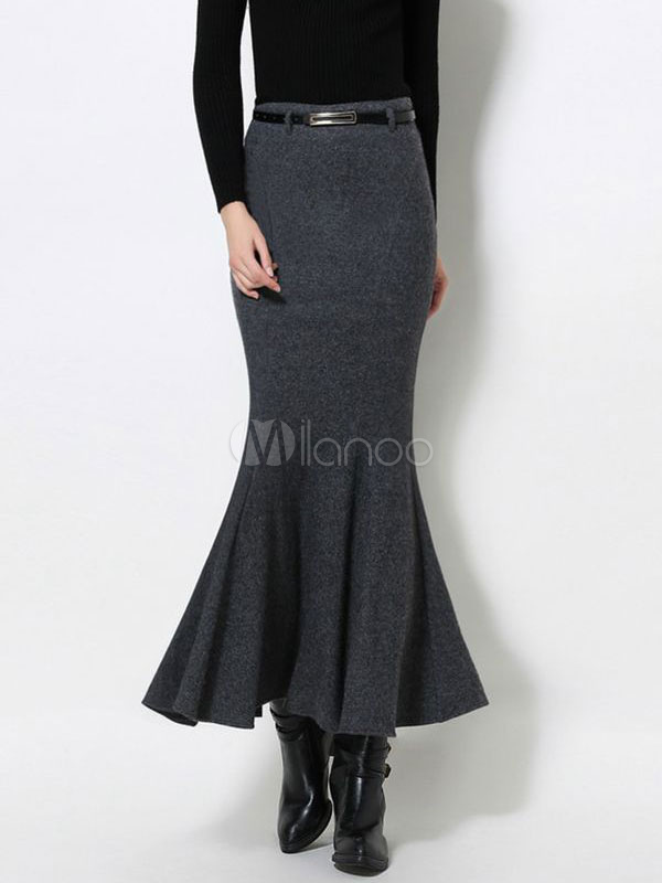 Grey Wool Skirt Women's Slim Fit Bodycon Mermaid Skirt With Belt ...
